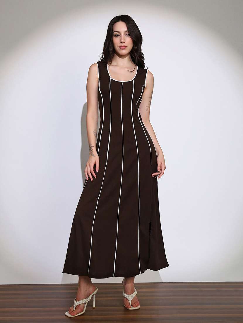 globus women brown scoop neck stripes design flared hem a-line maxi dress