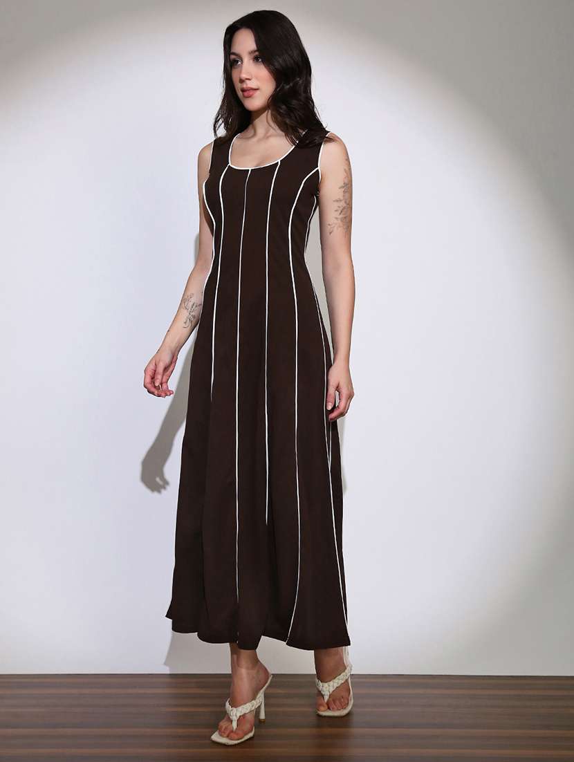 globus women brown scoop neck stripes design flared hem a-line maxi dress - 22219237 -  Standard Image - 1