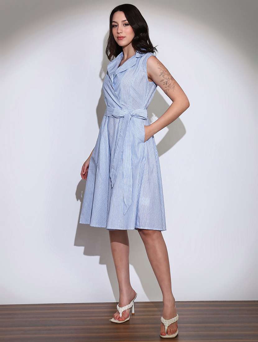 globus women black stripes notch lapel belted midi workwear dress - 22219238 -  Standard Image - 1