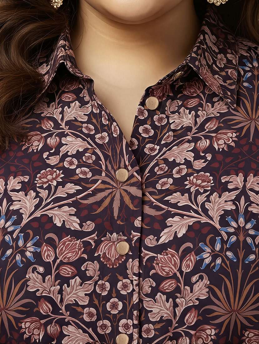 globus gloplus women brown collared neck bishop sleeves floral print pleated midi shirt style plus size dress - 22219240 -  Standard Image - 4