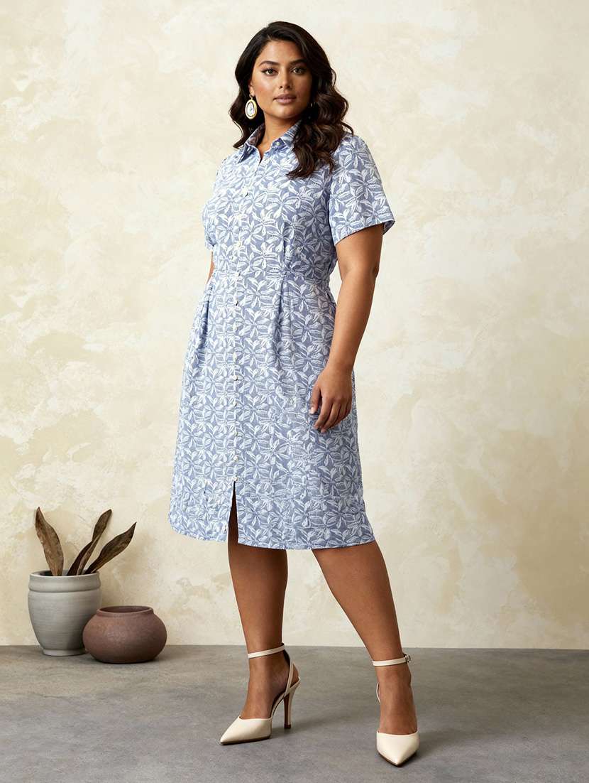 globus gloplus women blue collared neck striped pleated midi fit & flare shirt style plus size dress - 22219241 -  Standard Image - 1