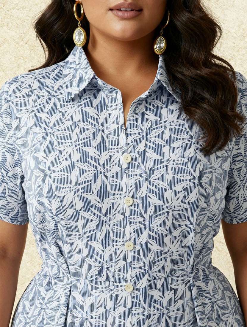 globus gloplus women blue collared neck striped pleated midi fit & flare shirt style plus size dress - 22219241 -  Standard Image - 4