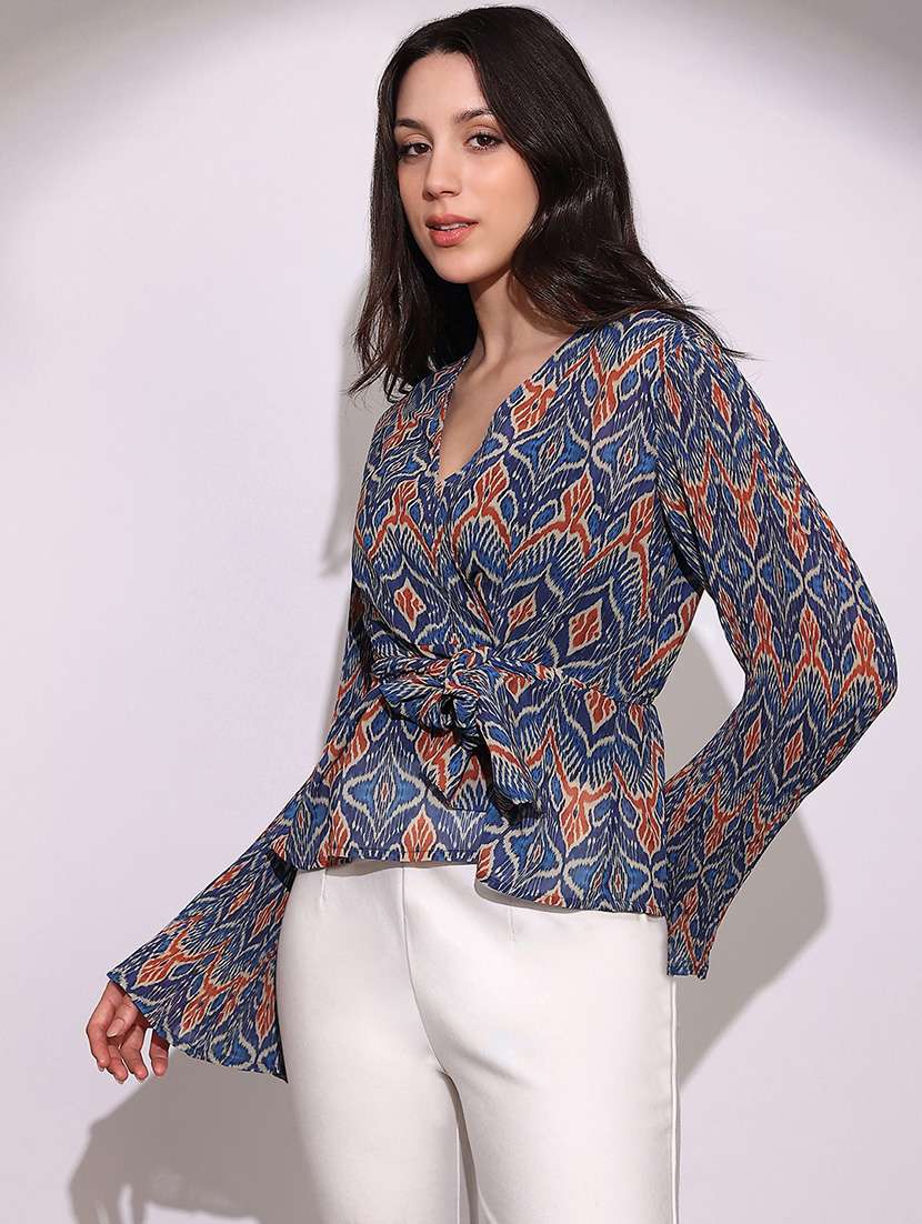 globus women blue georgette ikkat print wrap v-neck flared sleeves waist tie-ups top - 22219242 -  Standard Image - 1