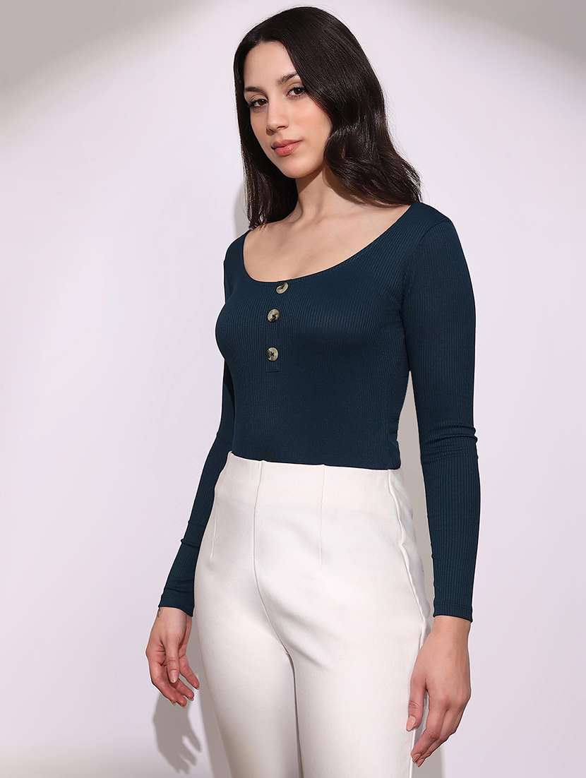 globus women teal scoop neck long sleeves button detail ribbed top - 22219245 -  Standard Image - 1