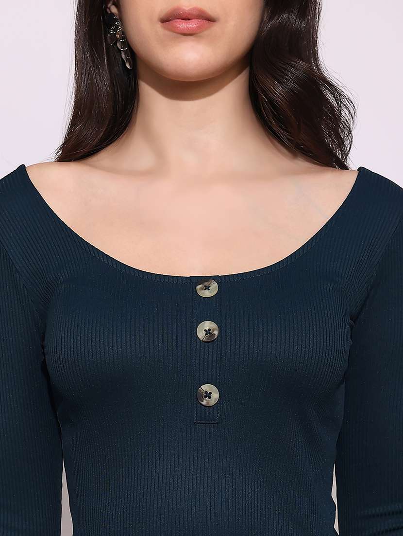 globus women teal scoop neck long sleeves button detail ribbed top - 22219245 -  Standard Image - 4