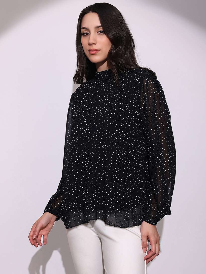 globus women black abstract print high neck bishop sleeves back tie-up detail accordion pleats party top - 22219249 -  Standard Image - 1