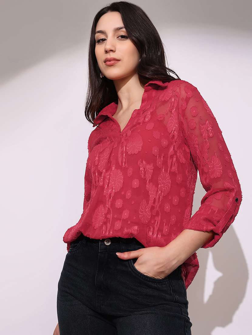 women self deisgned globus women pink collared v-neck long roll-up sleeves floral self design casual topcollared shirt style top - 22219250 -  Standard Image - 1