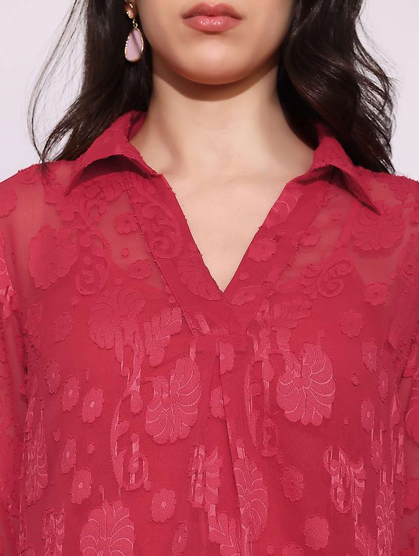 women self deisgned globus women pink collared v-neck long roll-up sleeves floral self design casual topcollared shirt style top - 22219250 -  Standard Image - 4