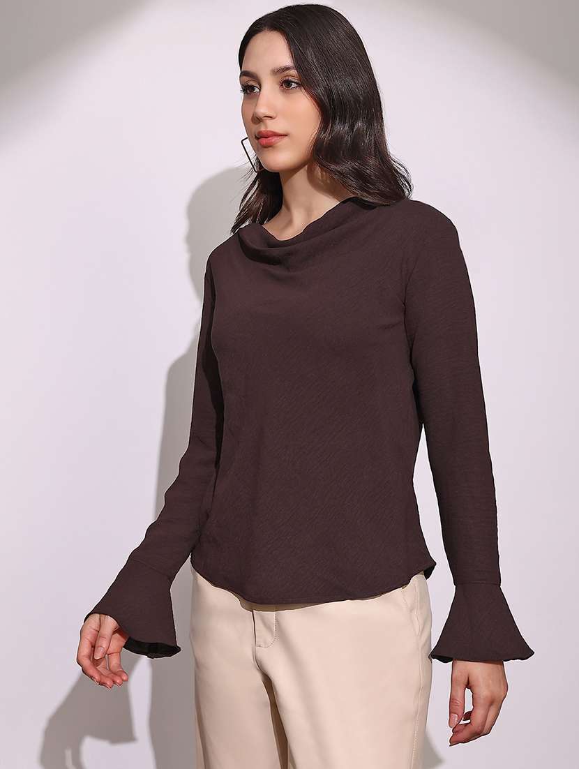 globus women brown cowl neck flared sleeves curved hem party top - 22219251 -  Standard Image - 1