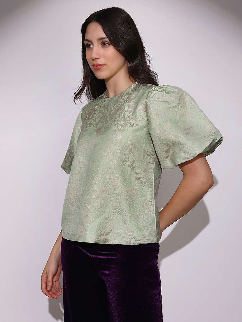 globus women green round neck balloon sleeves floral brocade party top - 22219252 -  Standard Image - 1