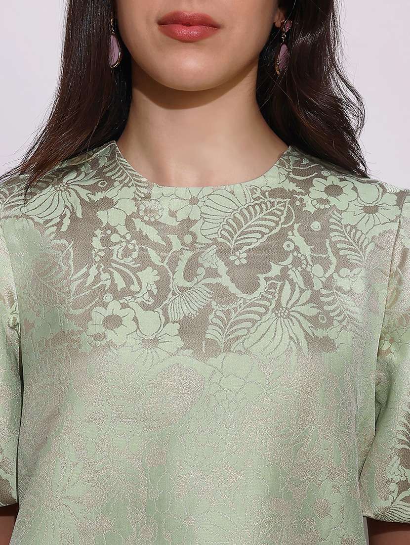 globus women green round neck balloon sleeves floral brocade party top - 22219252 -  Standard Image - 4