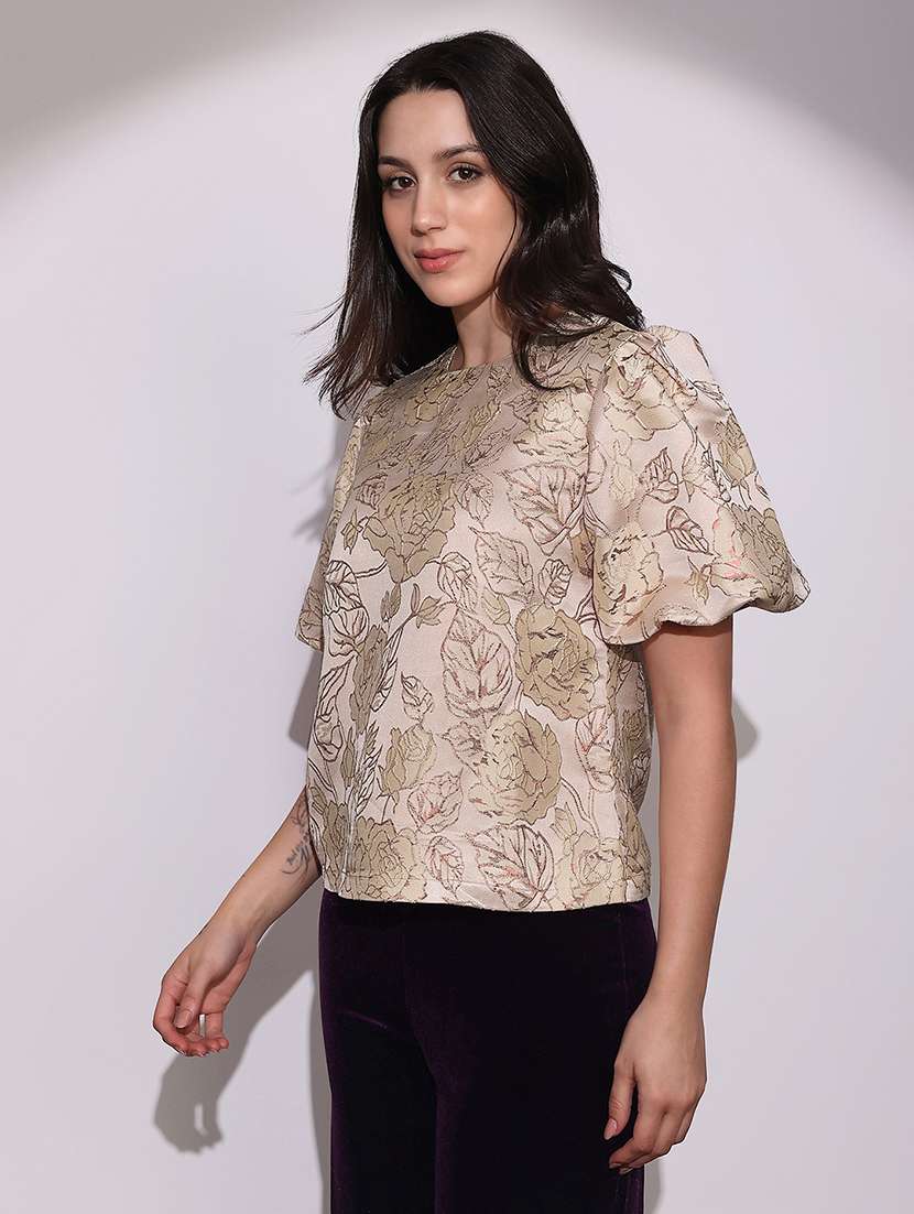 globus women beige round neck balloon sleeves floral brocade party top - 22219253 -  Standard Image - 1