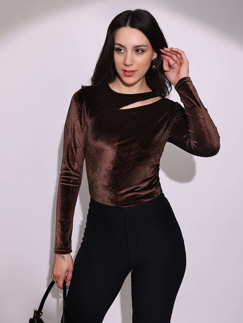 globus women brown round neck long sleeves cut-out detail gathered & pleated velvet party top