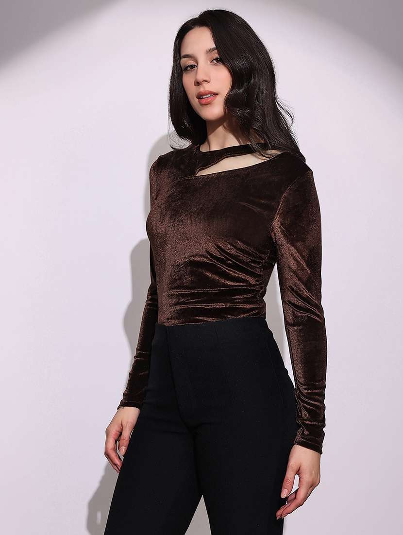 globus women brown round neck long sleeves cut-out detail gathered & pleated velvet party top - 22219254 -  Standard Image - 1
