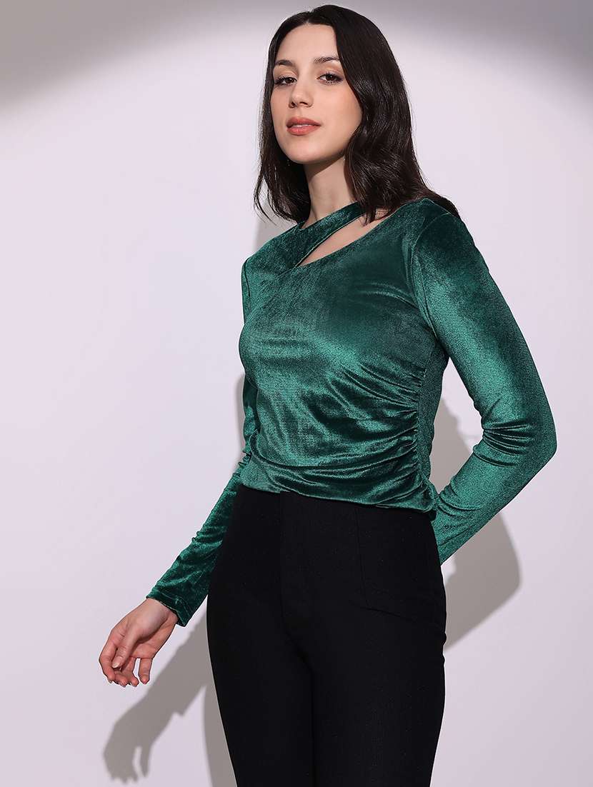 globus women teal round neck long sleeves cut-out detail gathered & pleated velvet party top - 22219255 -  Standard Image - 1