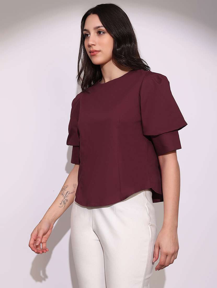 women solid puff sleeve back buttoned top - 22219256 -  Standard Image - 1
