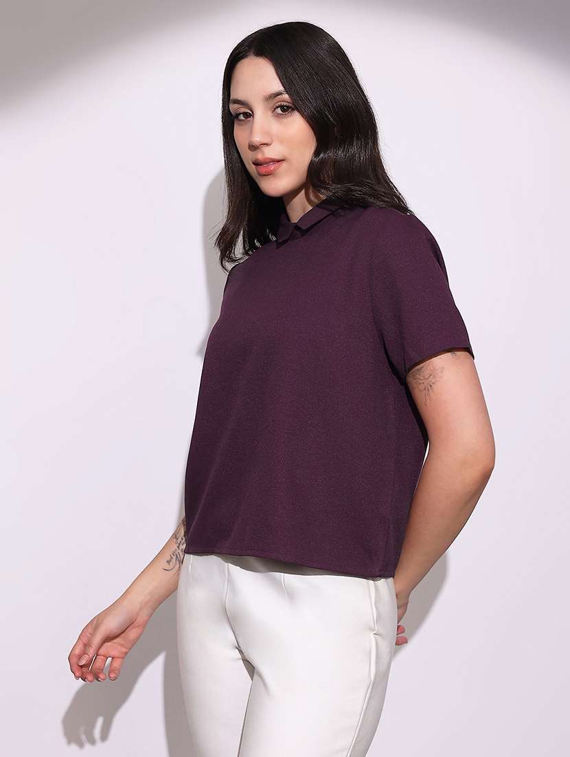globus women purple short sleeves collared neck back button shirt style top - 22219257 -  Standard Image - 1
