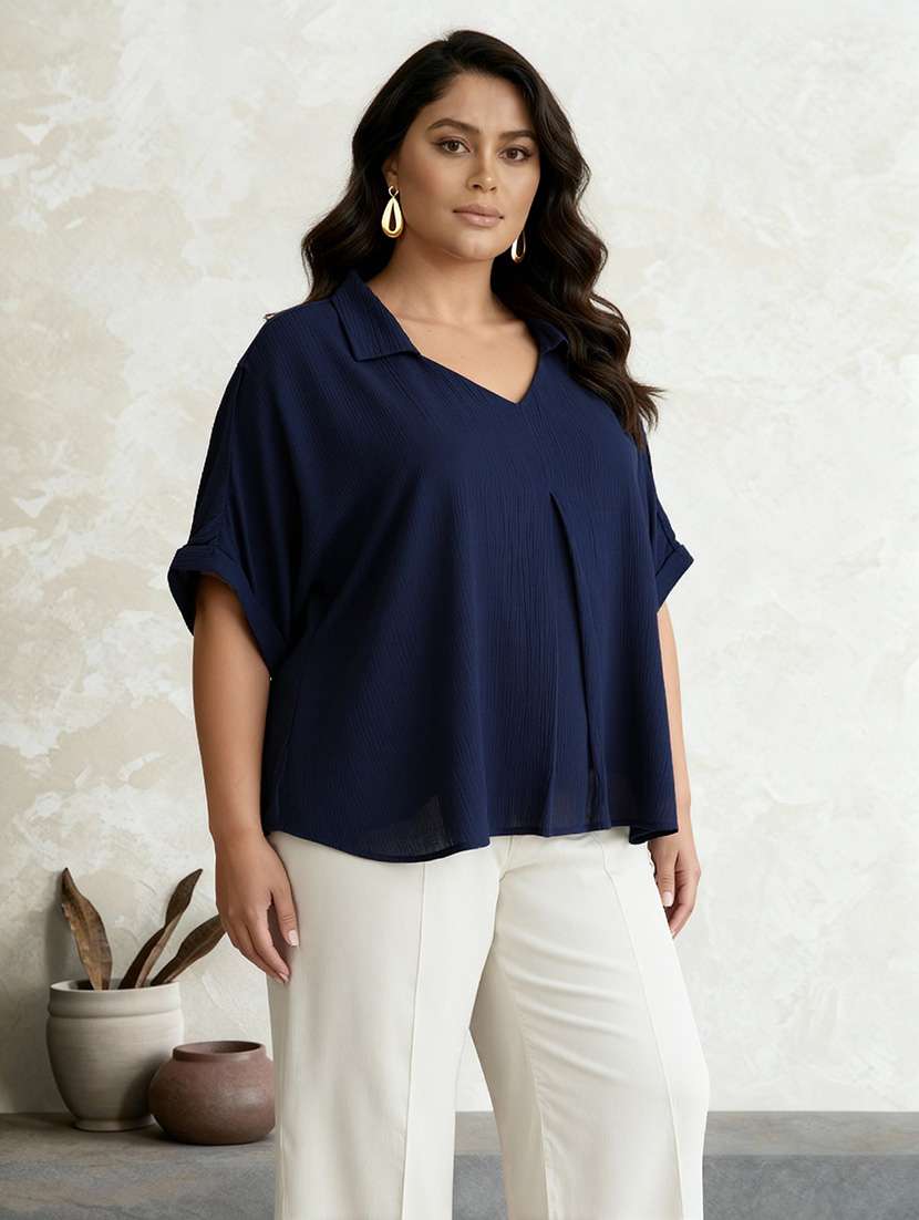 globus gloplus women blue collared v-neck extended sleeves self design plus size top - 22219259 -  Standard Image - 1