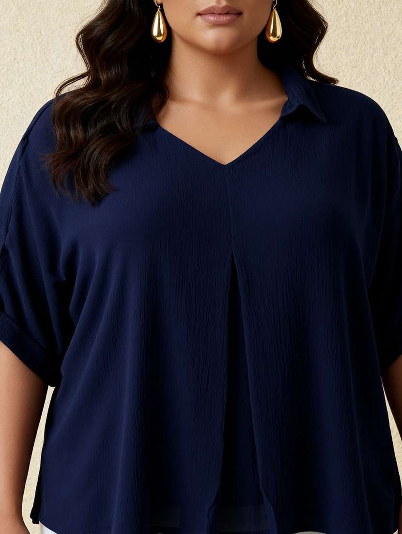globus gloplus women blue collared v-neck extended sleeves self design plus size top - 22219259 -  Standard Image - 4