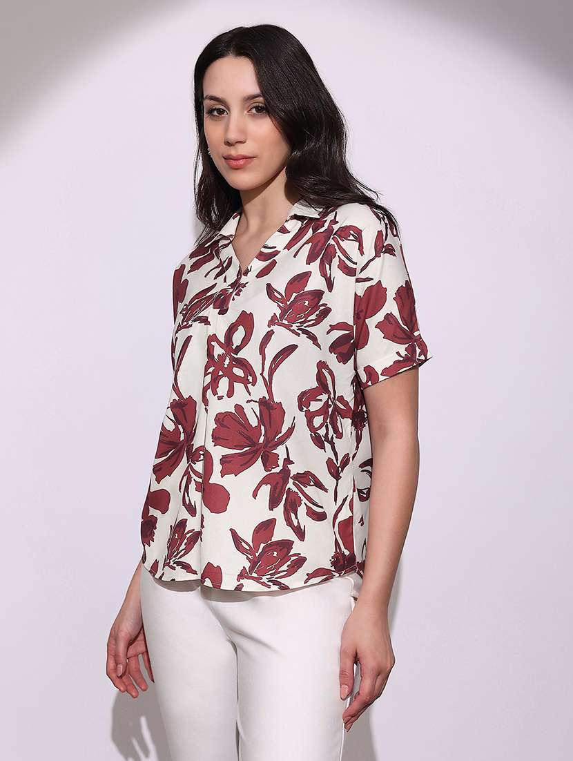 globus women red floral print collared v-neck short sleeves gathered & pleat detail curved hem top - 22219260 -  Standard Image - 1