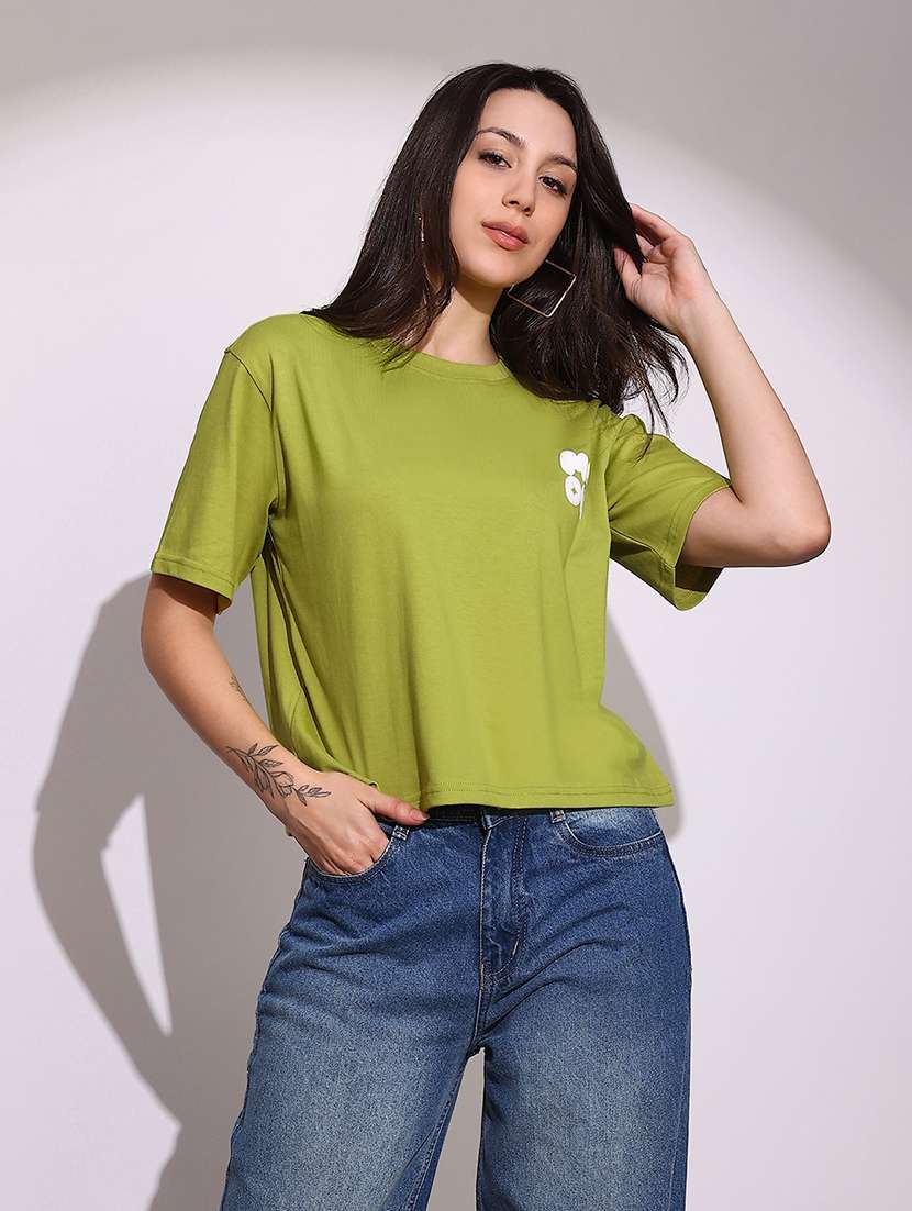 globus women green round neck short sleeves graphic print oversized crop t-shirt - 22219261 -  Standard Image - 1