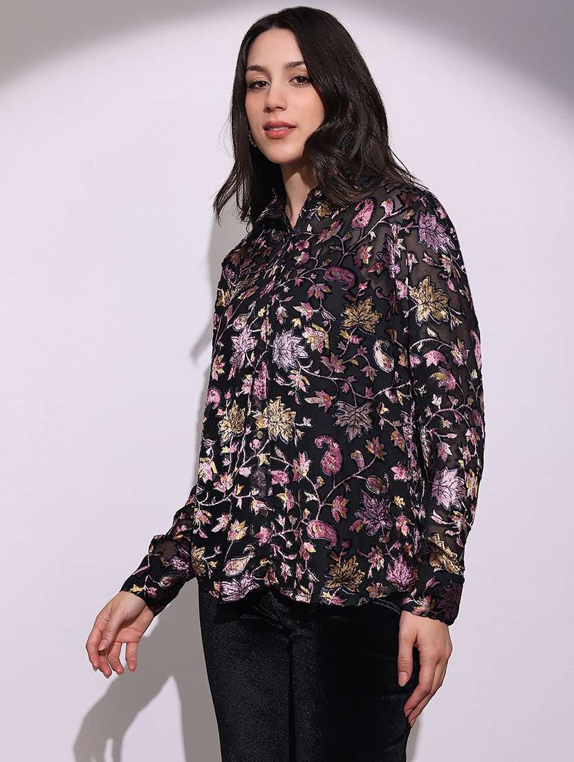 globus women black floral self design collared neck cuffed sleeves curved hem party shirt - 22219262 -  Standard Image - 1