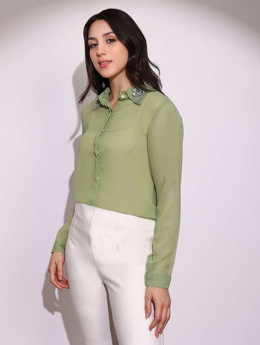 globus women green embellished collar cuffed sleeves curved hem georgette sheer party shirt - 22219264 -  Standard Image - 1