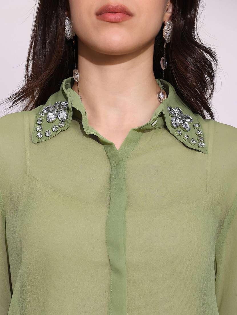 globus women green embellished collar cuffed sleeves curved hem georgette sheer party shirt - 22219264 -  Standard Image - 4