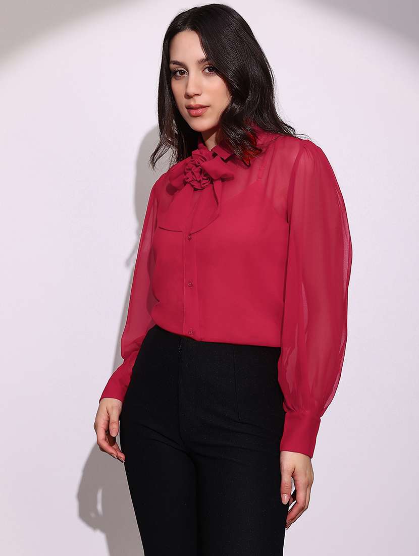 globus women red bow detail collared neck cuffed sleeves curved hem georgette sheer party shirt - 22219266 -  Standard Image - 1