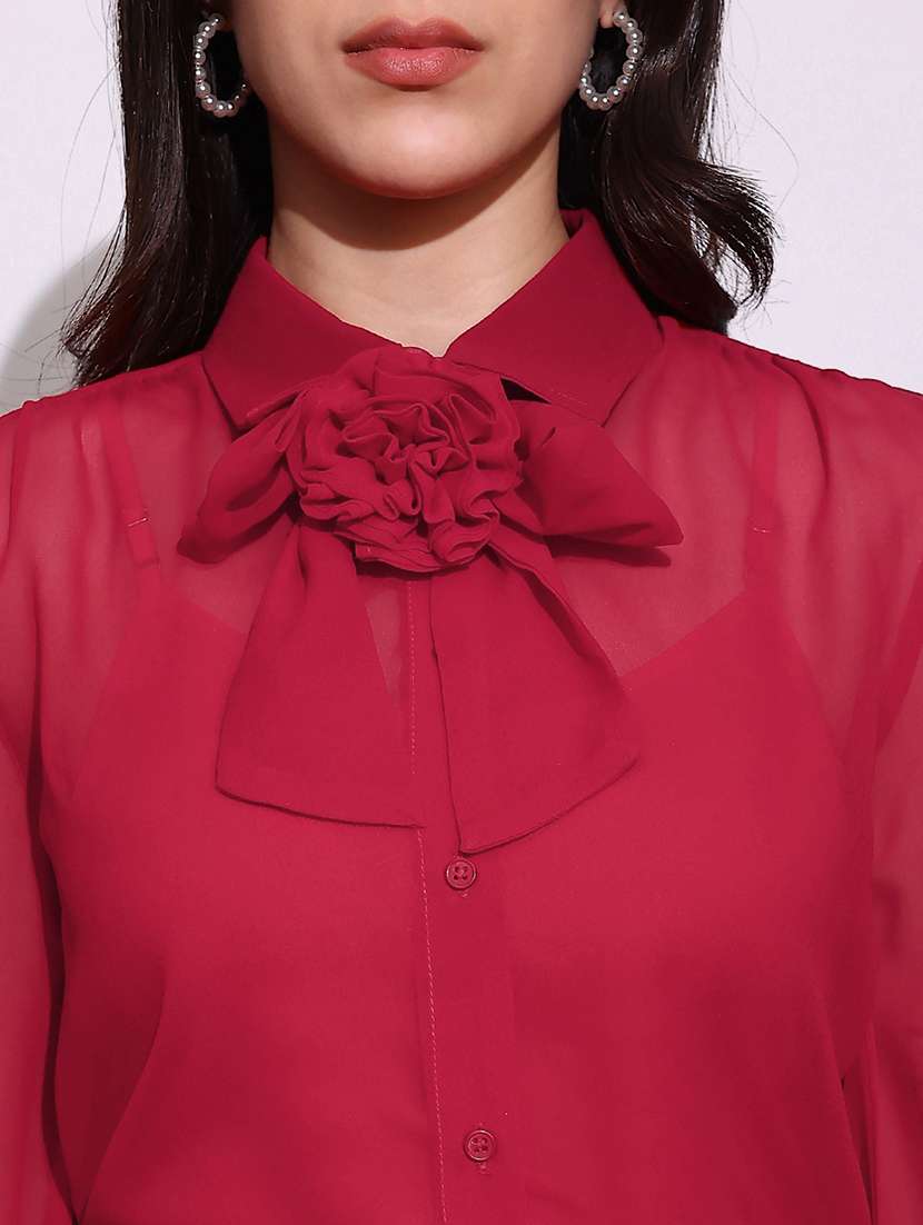 globus women red bow detail collared neck cuffed sleeves curved hem georgette sheer party shirt - 22219266 -  Standard Image - 4