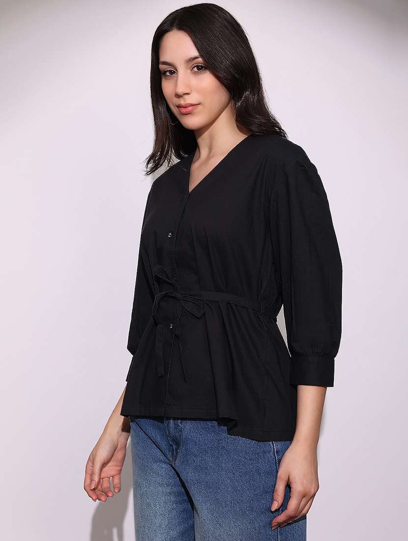 globus women black v-neck cuffed sleeves tie-up detail workwear tailored fit shirt - 22219268 -  Standard Image - 1