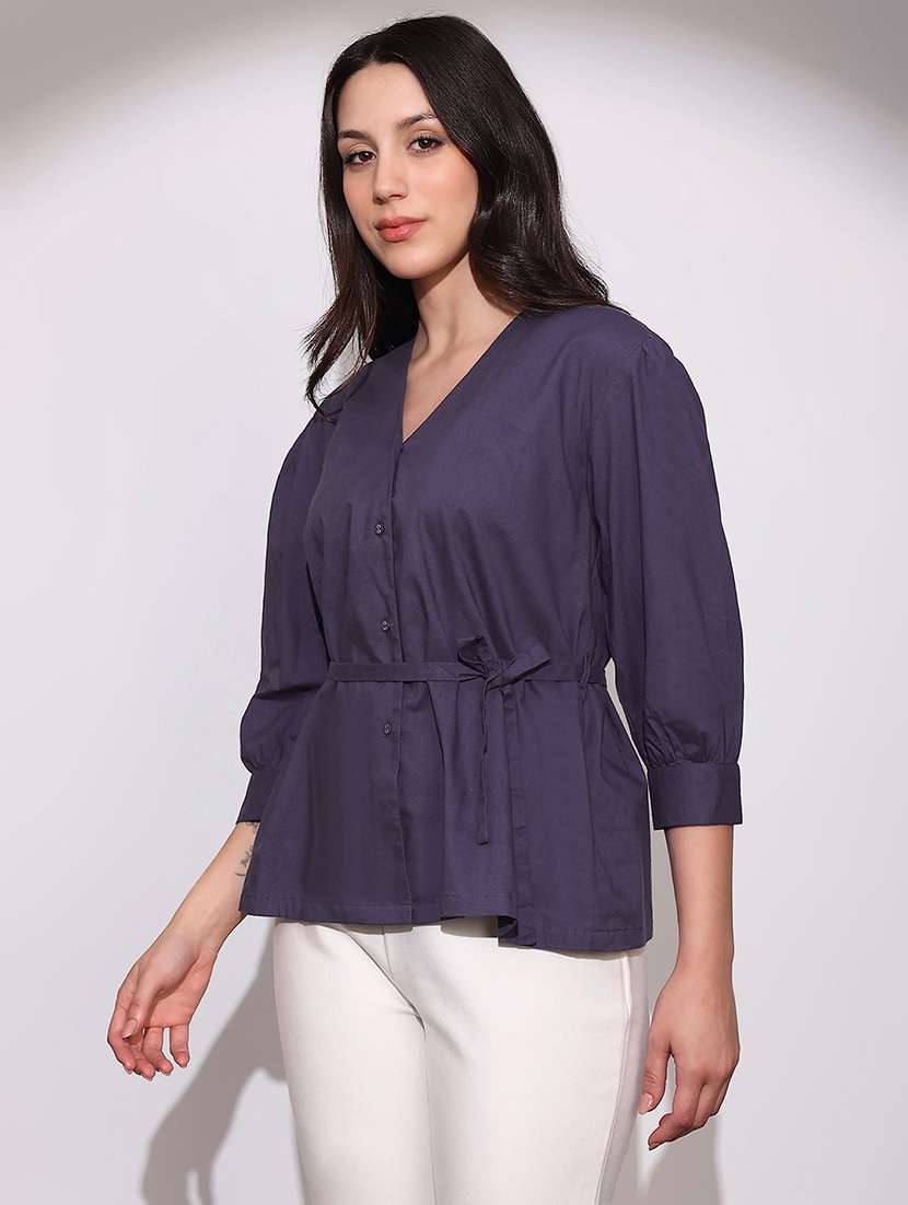 globus women purple v-neck cuffed sleeves tie-up detail workwear tailored fit shirt - 22219269 -  Standard Image - 1