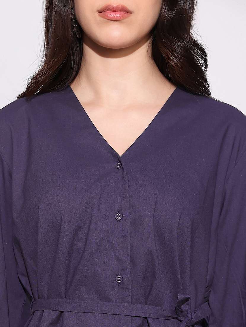 globus women purple v-neck cuffed sleeves tie-up detail workwear tailored fit shirt - 22219269 -  Standard Image - 4