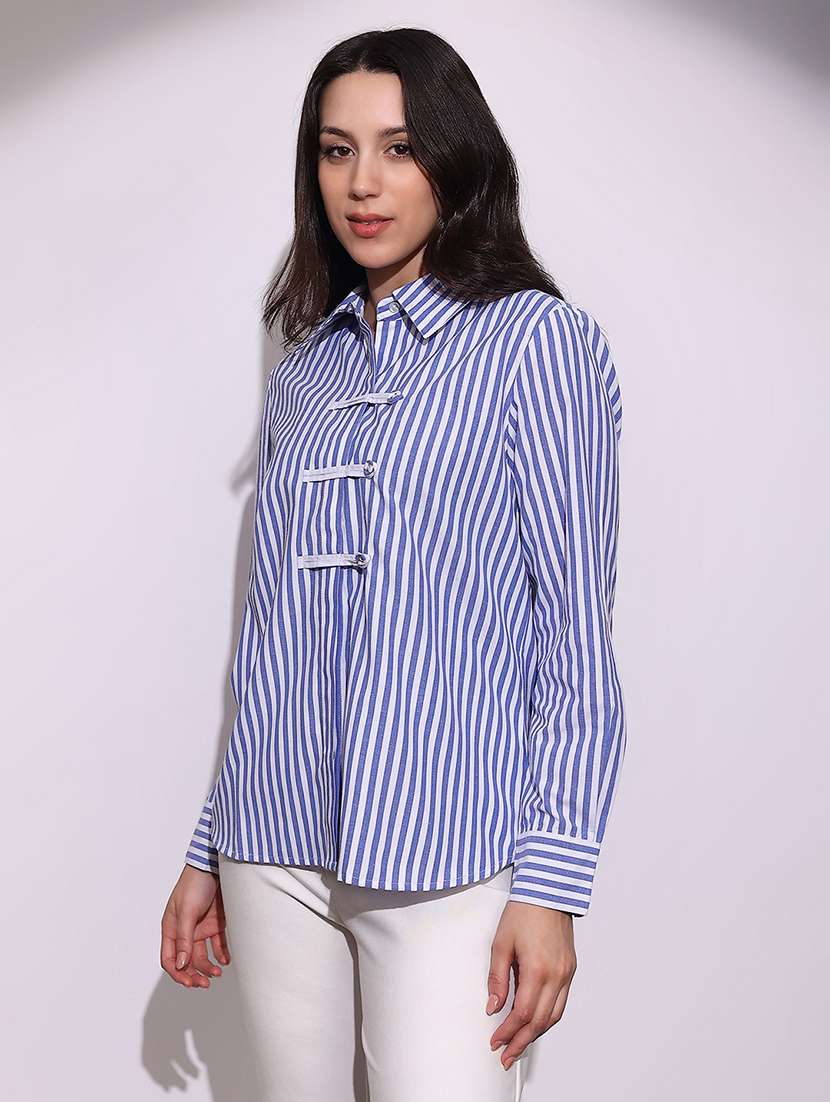 globus women blue striped collared neck cuffed sleeves chinese tab oversized workwear shirt - 22219270 -  Standard Image - 1