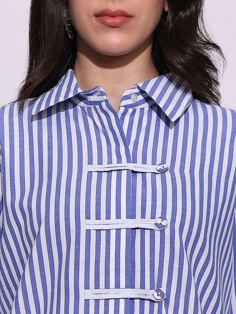 globus women blue striped collared neck cuffed sleeves chinese tab oversized workwear shirt - 22219270 -  Standard Image - 4