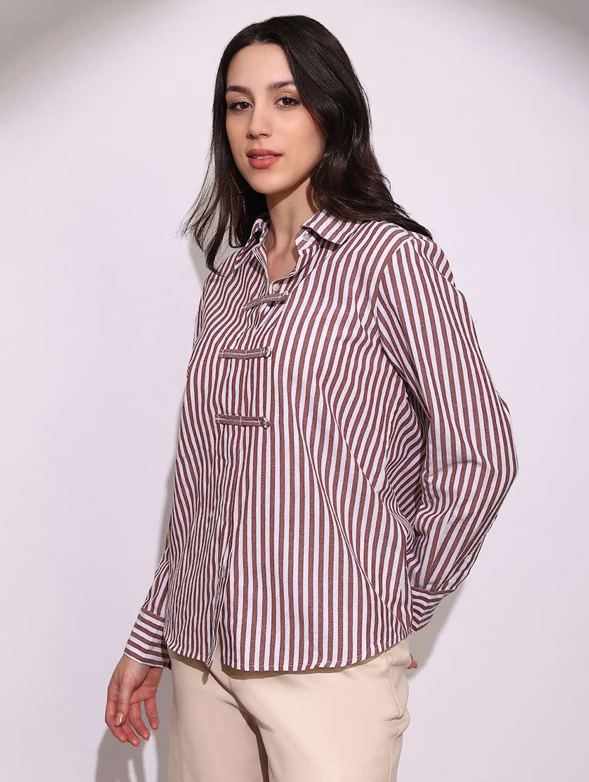 globus women brown striped collared neck cuffed sleeves chinese tab oversized workwear shirt - 22219271 -  Standard Image - 1