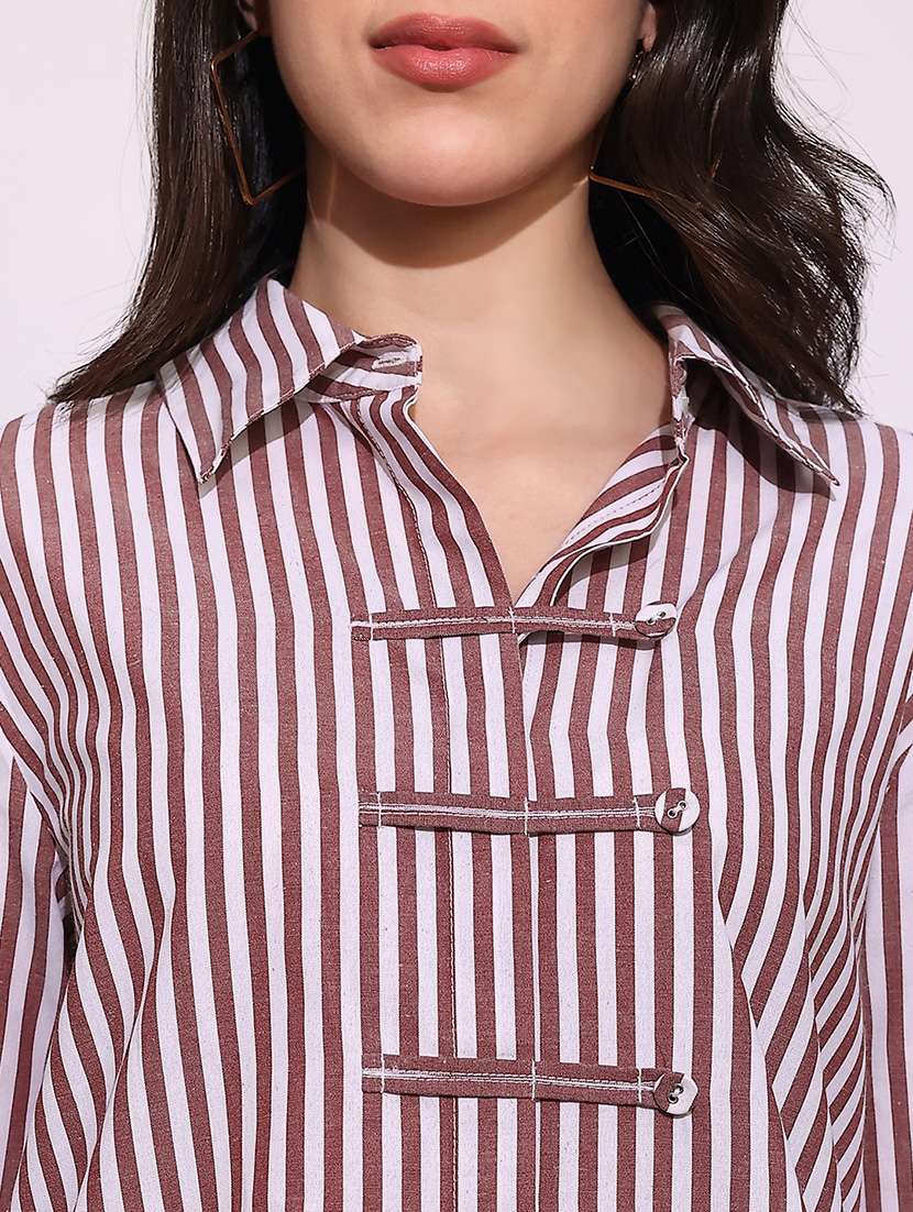 globus women brown striped collared neck cuffed sleeves chinese tab oversized workwear shirt - 22219271 -  Standard Image - 4