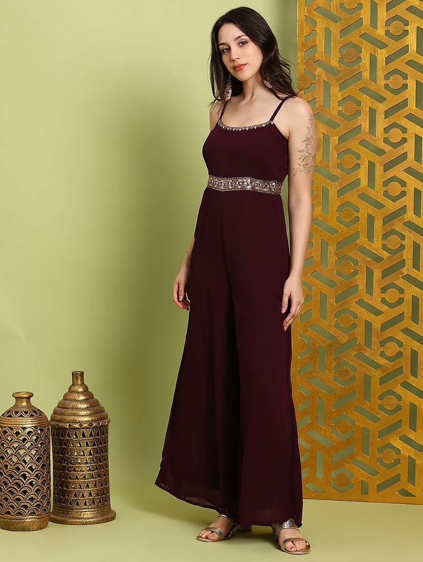 globus women brown scoop neck shoulder straps embroidered detail georgette flared festive jumpsuit - 22219272 -  Standard Image - 1