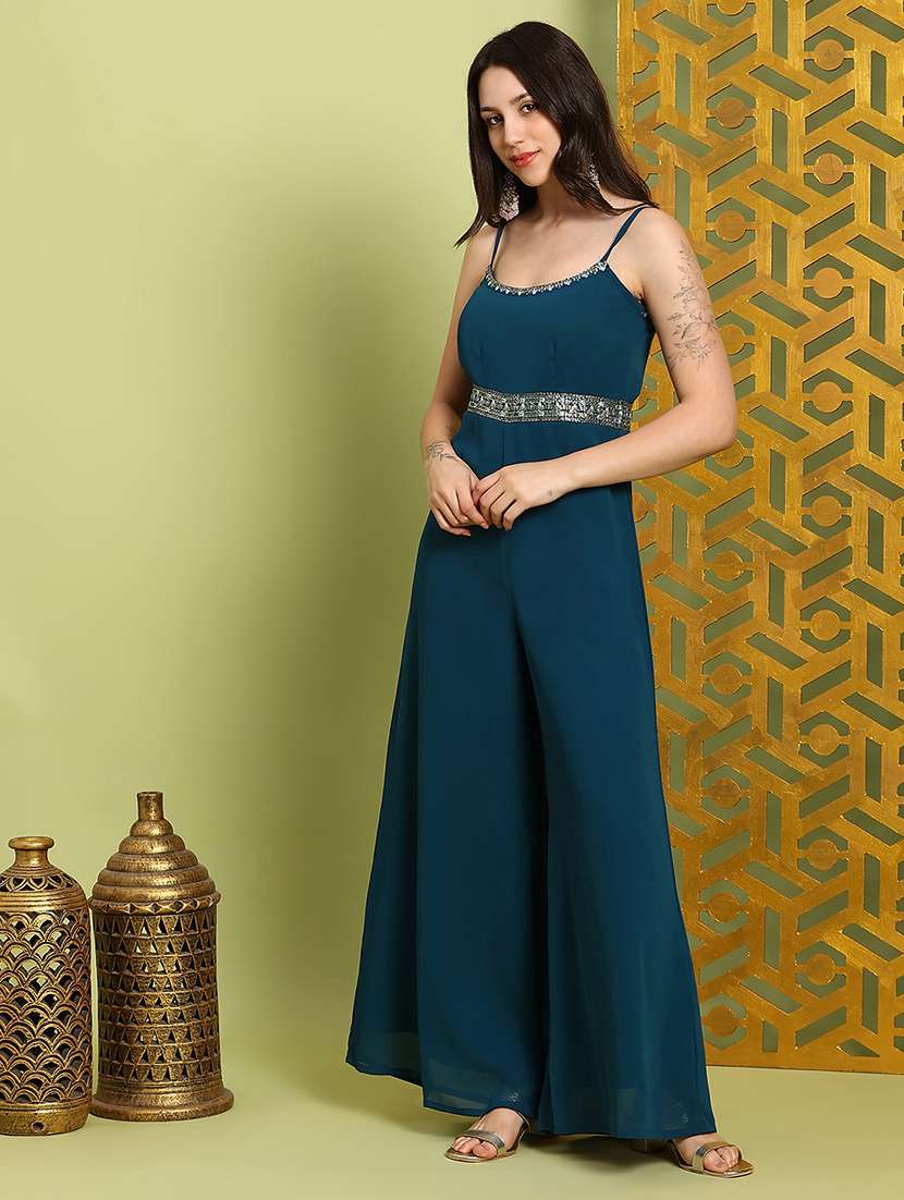 globus women teal scoop neck shoulder straps embroidered detail georgette flared festive jumpsuit - 22219273 -  Standard Image - 1