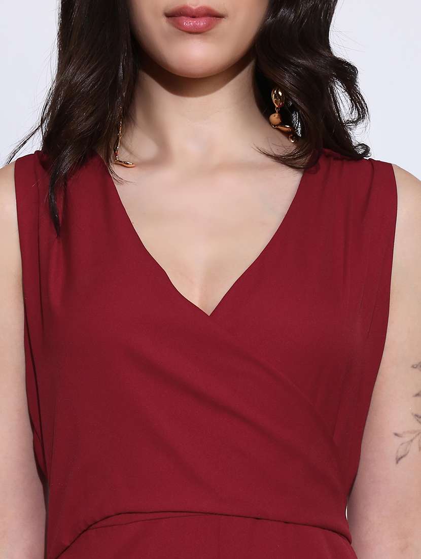 globus women maroon wrap neck sleeveless tie-up back solid wide leg workwear jumpsuit - 22219274 -  Standard Image - 4