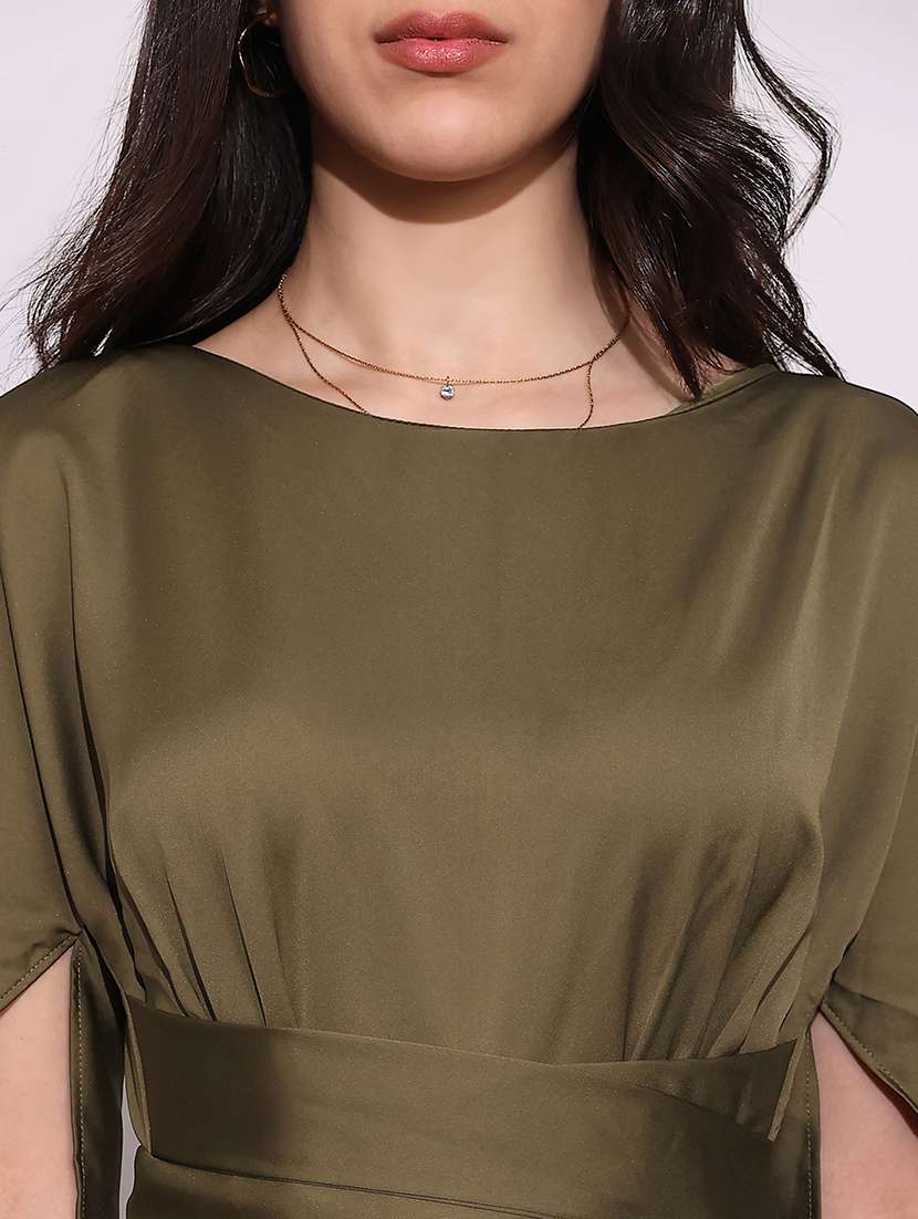 globus women brown boat neck cape sleeves criss cross waist tie-up detail sheen party jumpsuit - 22219276 -  Standard Image - 4