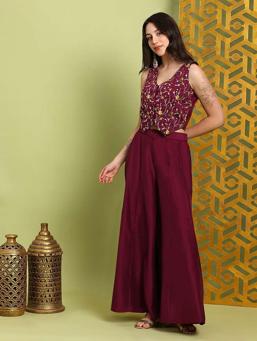 Globus Women Maroon V-neck Floral Embroidered Waistcoat With Flared Palazzos Festive Co-ord Set - 22219312 -  Standard Image - 1