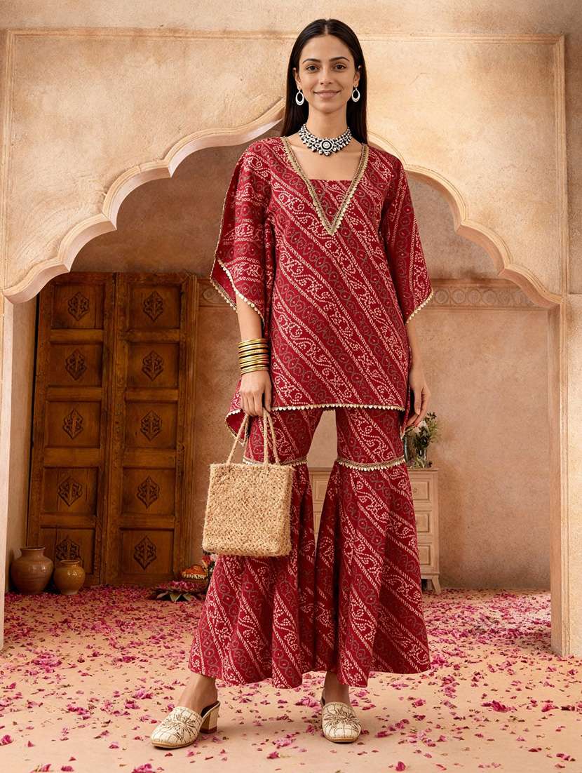 globus women red bandhani ethnic gold foil print v-neck kimono sleeves lace detail kaftan tunic & sharara festive co-ord set