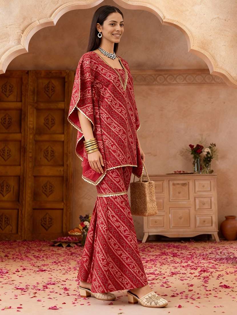 globus women red bandhani ethnic gold foil print v-neck kimono sleeves lace detail kaftan tunic & sharara festive co-ord set - 22219313 -  Standard Image - 1