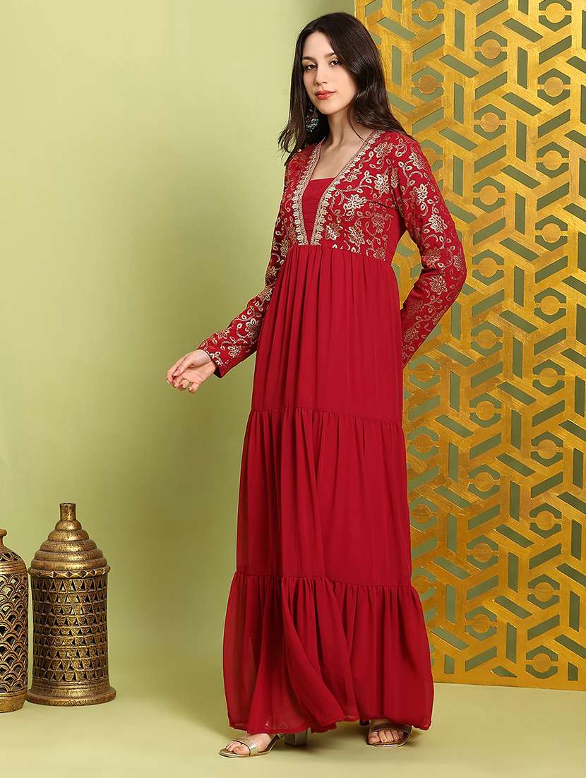globus women red square neck pleated embroidered detail gold foil ethnic print fit & flare maxi festive dress - 22219315 -  Standard Image - 1
