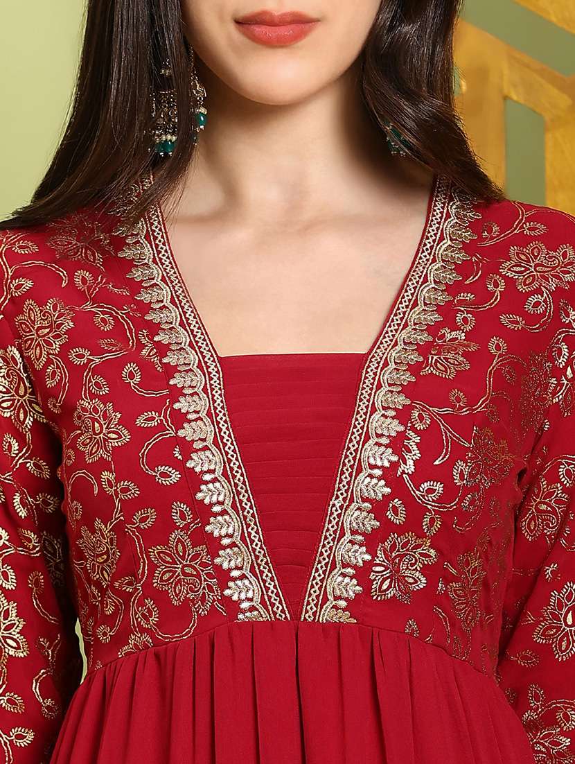 globus women red square neck pleated embroidered detail gold foil ethnic print fit & flare maxi festive dress - 22219315 -  Standard Image - 4