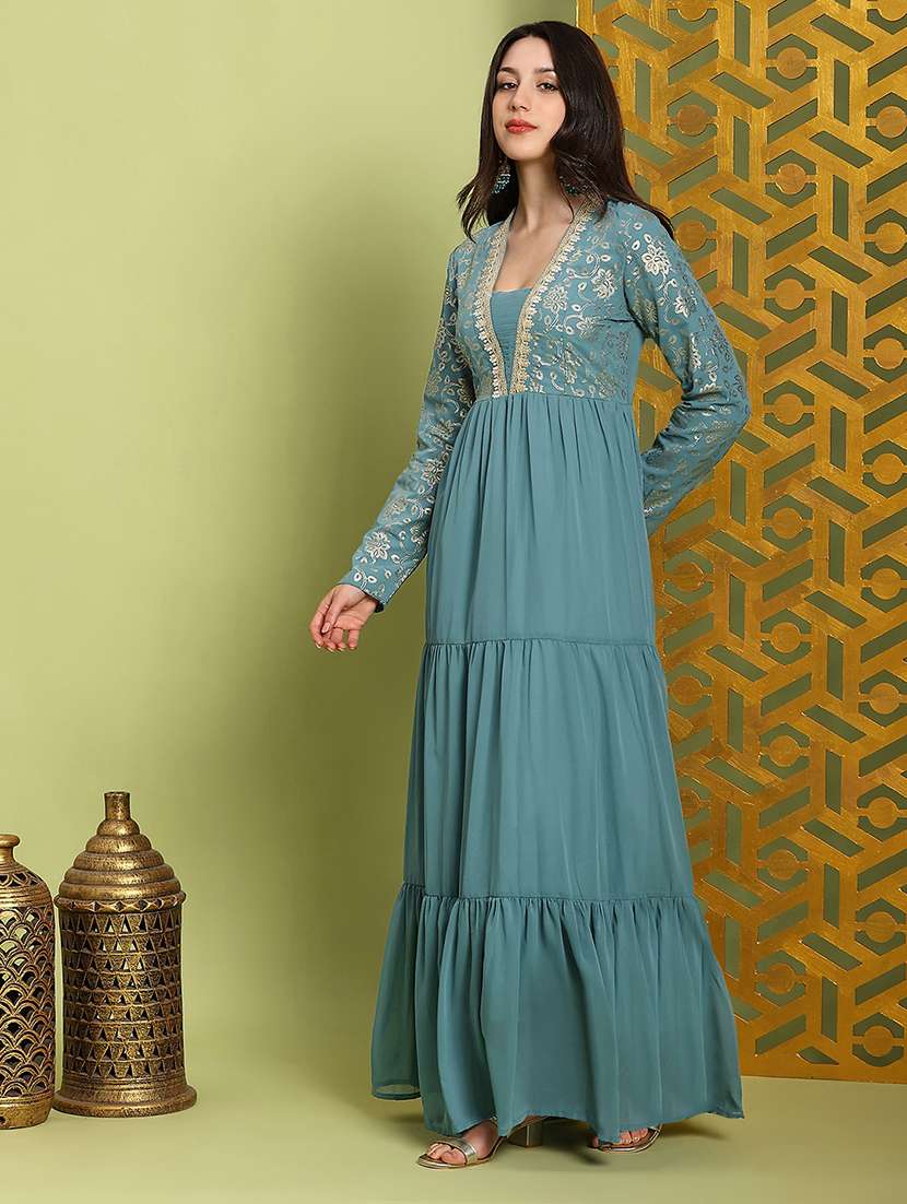 globus women sea green square neck pleated embroidered detail gold foil ethnic print fit & flare maxi festive dress - 22219316 -  Standard Image - 1