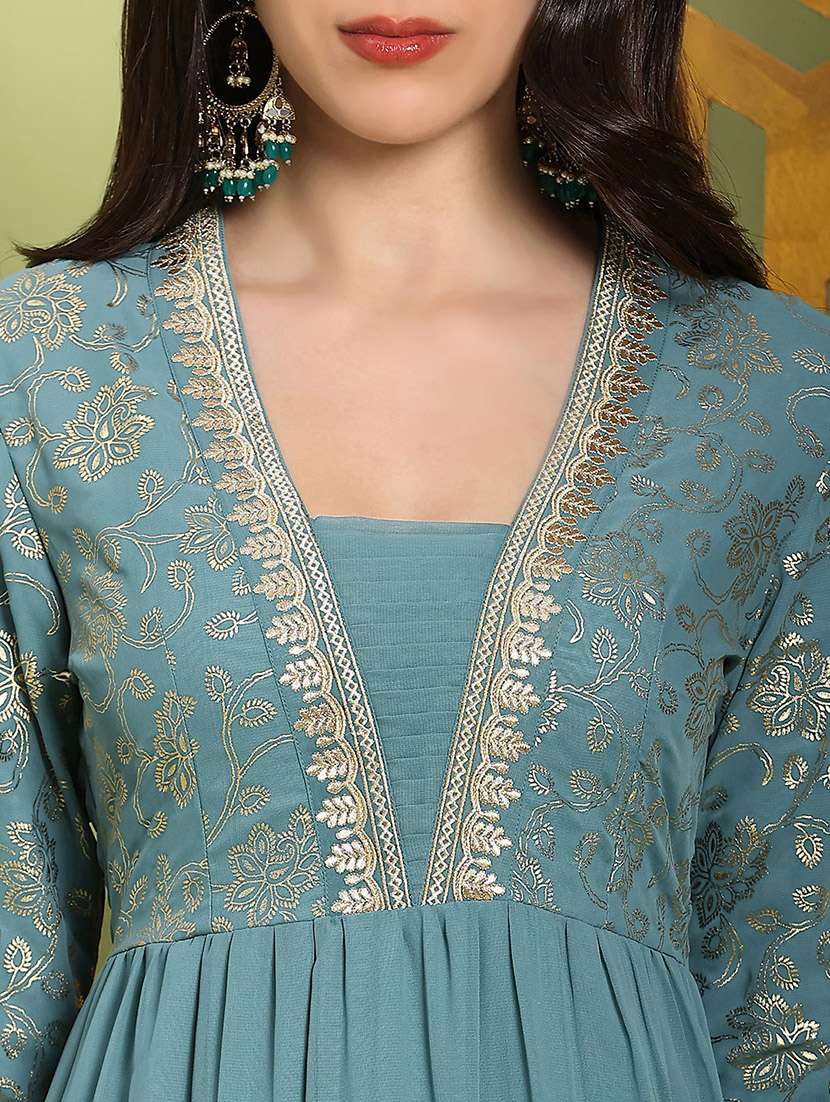 globus women sea green square neck pleated embroidered detail gold foil ethnic print fit & flare maxi festive dress - 22219316 -  Standard Image - 4