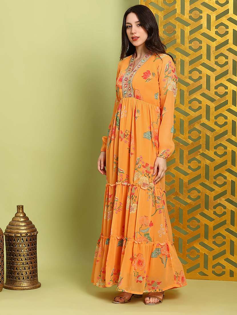 globus women mustard embroidered v-neck bishop sleeves floral print tiered fit & flare maxi festive dress - 22219317 -  Standard Image - 1