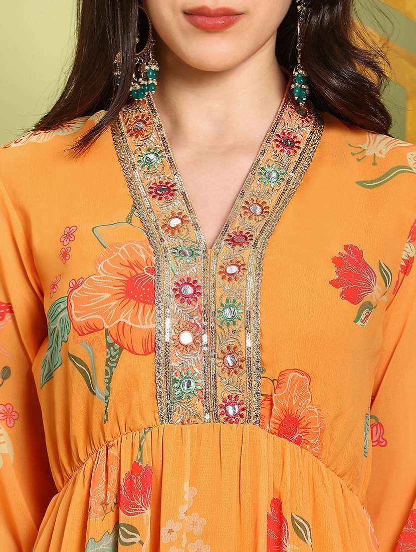 globus women mustard embroidered v-neck bishop sleeves floral print tiered fit & flare maxi festive dress - 22219317 -  Standard Image - 4